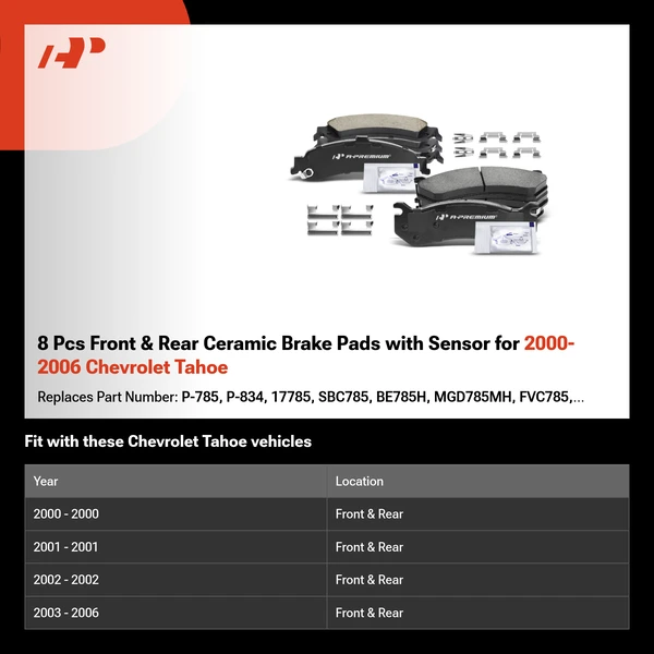 8 Pcs Front & Rear Ceramic Brake Pads with Sensor for 2000-2006 Chevrolet Tahoe