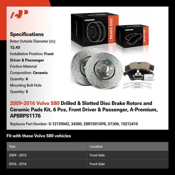 2009-2016 Volvo S80 Drilled & Slotted Disc Brake Rotors and Ceramic Pads Kit, 6 Pcs, Front Driver & Passenger, A-Premium, APBRPS1176