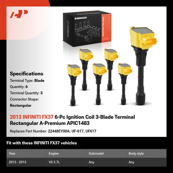 2013 INFINITI FX37 6-Pc Ignition Coil 3-Blade Terminal Rectangular A-Premium APIC1483