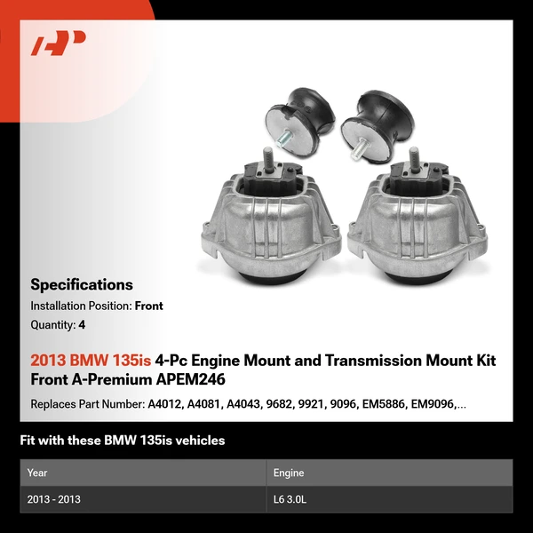 2013 BMW 135is 4-Pc Engine Mount and Transmission Mount Kit Front A-Premium APEM246
