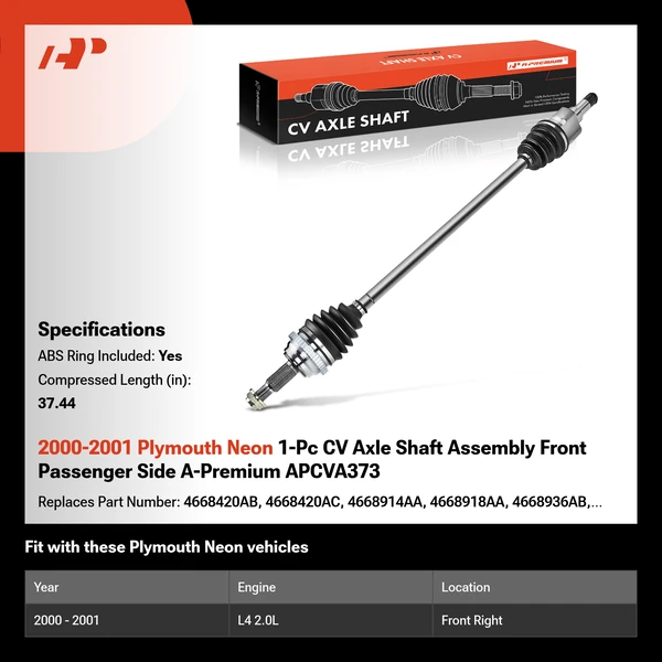 2000-2001 Plymouth Neon 1-Pc CV Axle Shaft Assembly Front Passenger Side A-Premium APCVA373