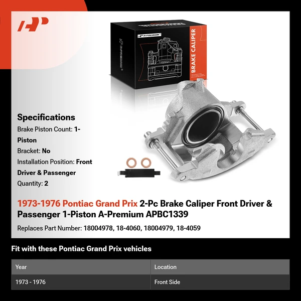 1973-1976 Pontiac Grand Prix 2-Pc Brake Caliper Front Driver & Passenger 1-Piston A-Premium APBC1339