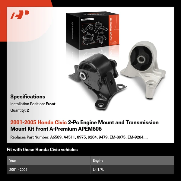 2001-2005 Honda Civic 2-Pc Engine Mount and Transmission Mount Kit Front A-Premium APEM606