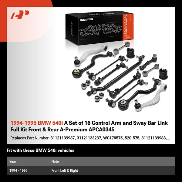 1994-1995 BMW 540i A Set of 16 Control Arm and Sway Bar Link Full Kit Front & Rear A-Premium APCA0345