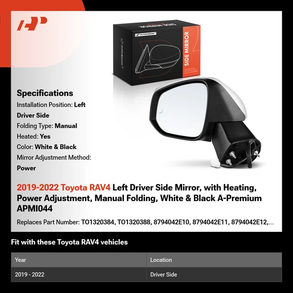 2019-2022 Toyota RAV4 Left Driver Side Mirror, with Heating, Power Adjustment, Manual Folding, White & Black A-Premium APMI044
