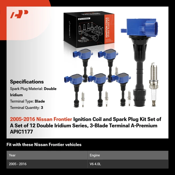 2005-2016 Nissan Frontier Ignition Coil and Spark Plug Kit Set of A Set of 12 Double Iridium Series, 3-Blade Terminal A-Premium APIC1177