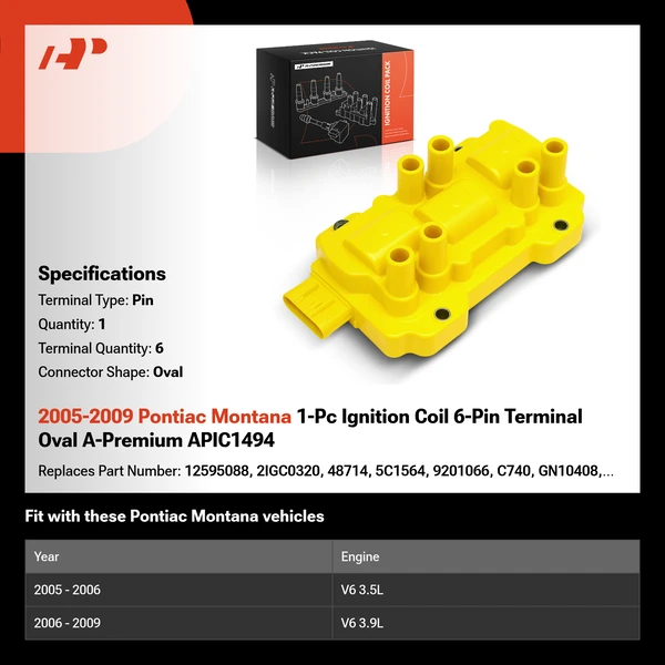 2005-2009 Pontiac Montana 1-Pc Ignition Coil 6-Pin Terminal Oval A-Premium APIC1494