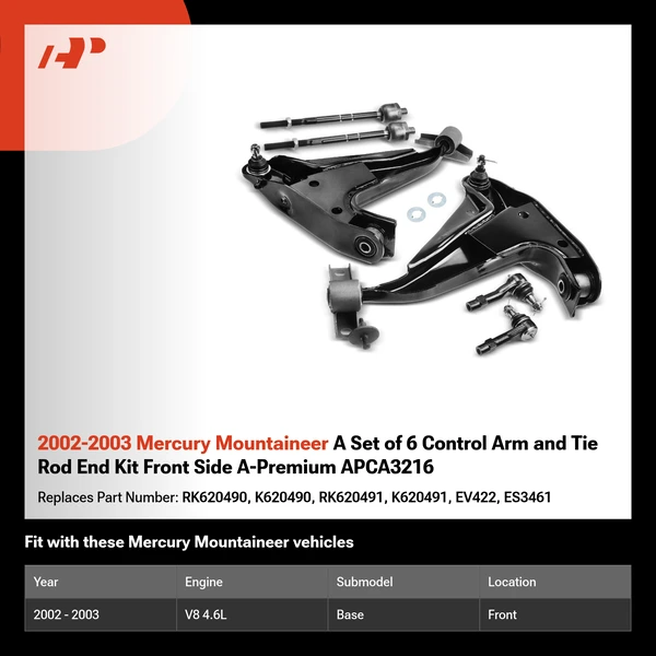 2002-2003 Mercury Mountaineer A Set of 6 Control Arm and Tie Rod End Kit Front Side A-Premium APCA3216