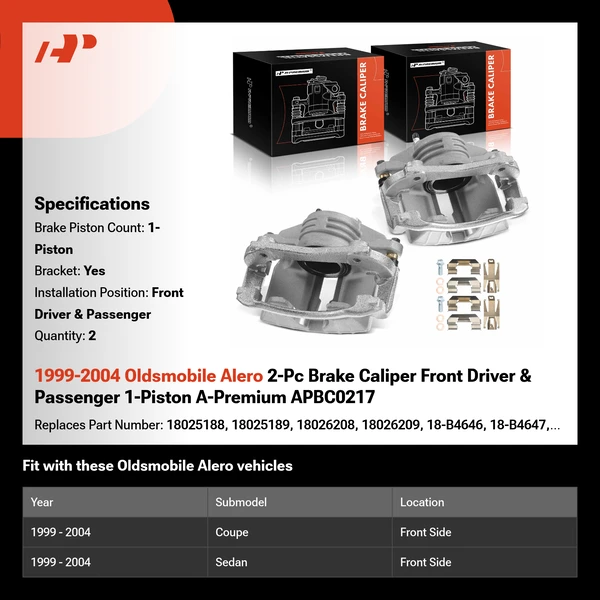 1999-2004 Oldsmobile Alero 2-Pc Brake Caliper Front Driver & Passenger 1-Piston A-Premium APBC0217