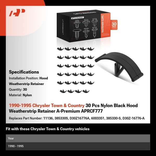 1990-1995 Chrysler Town & Country 30 Pcs Nylon Black Hood Weatherstrip Retainer A-Premium APRCF777