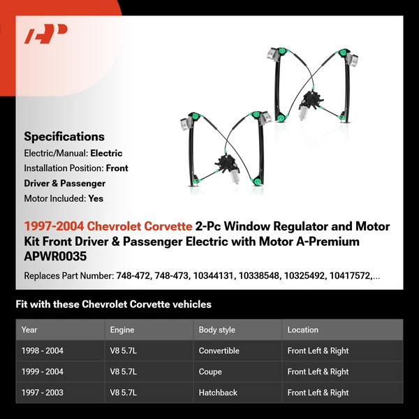 1997-2004 Chevrolet Corvette 2-Pc Window Regulator and Motor Kit Front Driver & Passenger Electric with Motor A-Premium APWR0035