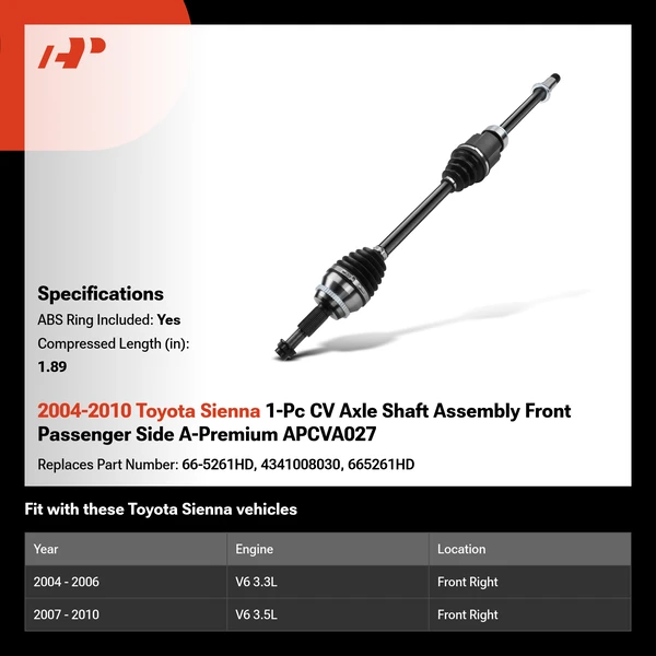 2004-2010 Toyota Sienna 1-Pc CV Axle Shaft Assembly Front Passenger Side A-Premium APCVA027
