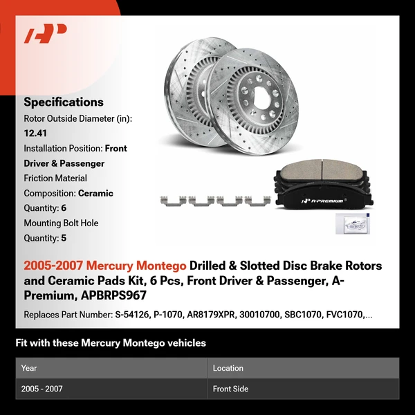 2005-2007 Mercury Montego Drilled & Slotted Disc Brake Rotors and Ceramic Pads Kit, 6 Pcs, Front Driver & Passenger, A-Premium, APBRPS967