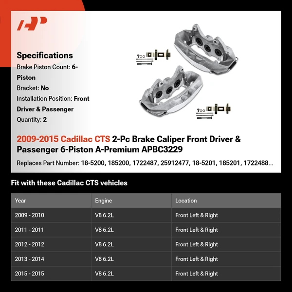 2009-2015 Cadillac CTS 2-Pc Brake Caliper Front Driver & Passenger 6-Piston A-Premium APBC3229