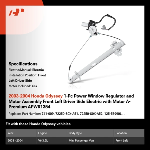 2003-2004 Honda Odyssey 1-Pc Power Window Regulator and Motor Assembly Front Left Driver Side Electric with Motor A-Premium APWR1354