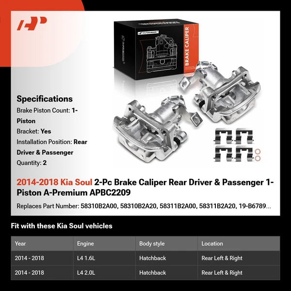 2014-2018 Kia Soul 2-Pc Brake Caliper Rear Driver & Passenger 1-Piston A-Premium APBC2209