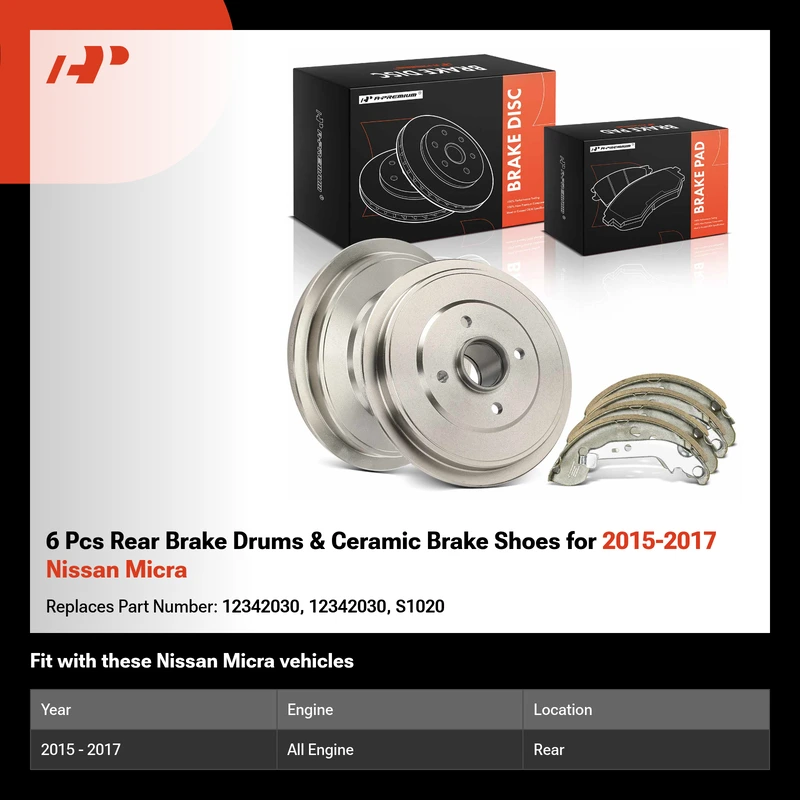 6 Pcs Rear Brake Drums & Ceramic Brake Shoes for 2015-2017 Nissan Micra
