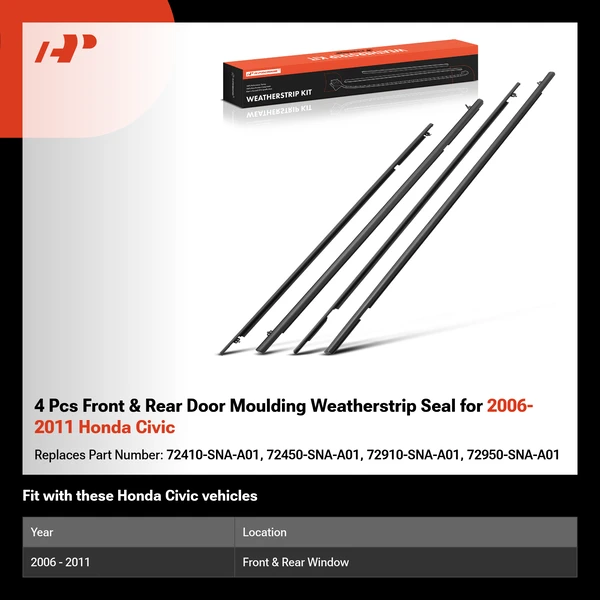 4 Pcs Front & Rear Door Moulding Weatherstrip Seal for 2006-2011 Honda Civic