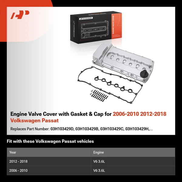 Engine Valve Cover with Gasket & Cap for 2006-2010 2012-2018 Volkswagen Passat