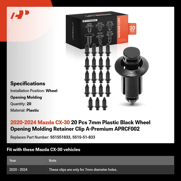 2020-2024 Mazda CX-30 20 Pcs 7mm Plastic Black Wheel Opening Molding Retainer Clip A-Premium APRCF002