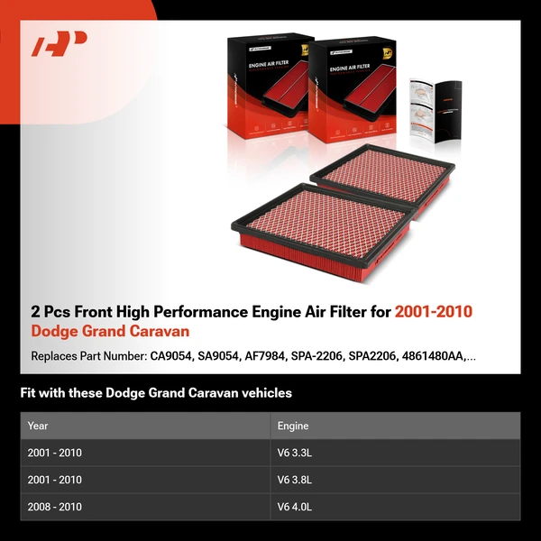 2 Pcs Front High Performance Engine Air Filter for 2001-2010 Dodge Grand Caravan