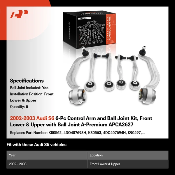 2002-2003 Audi S6 6-Pc Control Arm and Ball Joint Kit, Front Lower & Upper with Ball Joint A-Premium APCA2627