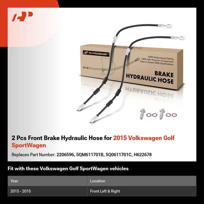 2 Pcs Front Brake Hydraulic Hose for 2015 Volkswagen Golf SportWagen