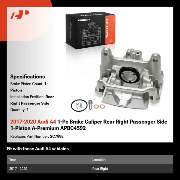 2017-2020 Audi A4 1-Pc Brake Caliper Rear Right Passenger Side 1-Piston A-Premium APBC4592