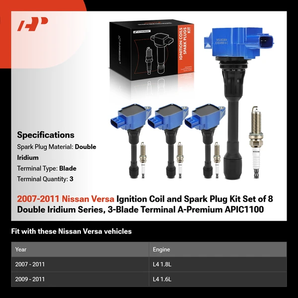 2007-2011 Nissan Versa Ignition Coil and Spark Plug Kit Set of 8 Double Iridium Series, 3-Blade Terminal A-Premium APIC1100