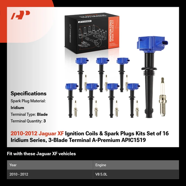 2010-2012 Jaguar XF Ignition Coils & Spark Plugs Kits Set of 16 Iridium Series, 3-Blade Terminal A-Premium APIC1519