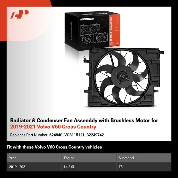 Radiator & Condenser Fan Assembly with Brushless Motor for 2019-2021 Volvo V60 Cross Country