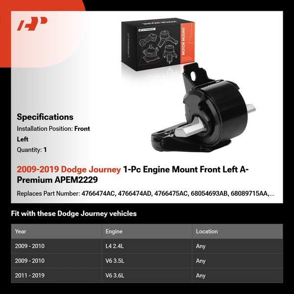 2009-2019 Dodge Journey 1-Pc Engine Mount Front Left A-Premium APEM2229
