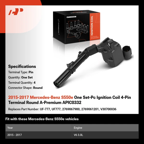 2015-2017 Mercedes-Benz S550e One Set-Pc Ignition Coil 4-Pin Terminal Round A-Premium APIC0332