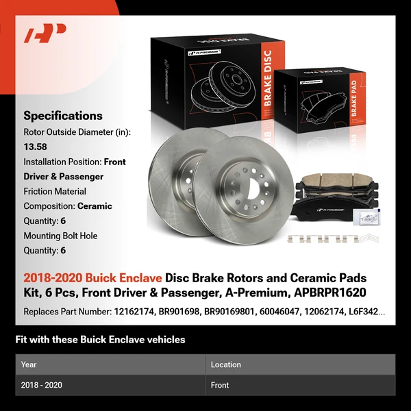 2018-2020 Buick Enclave Disc Brake Rotors and Ceramic Pads Kit, 6 Pcs, Front Driver & Passenger, A-Premium, APBRPR1620
