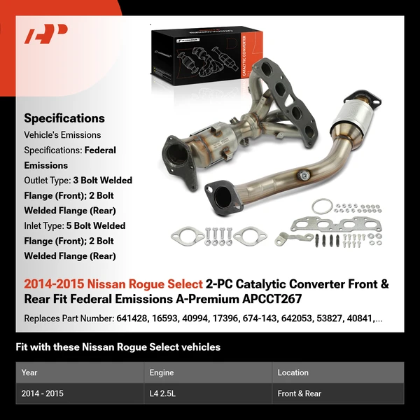 2014-2015 Nissan Rogue Select 2-PC Catalytic Converter Front & Rear Fit Federal Emissions A-Premium APCCT267