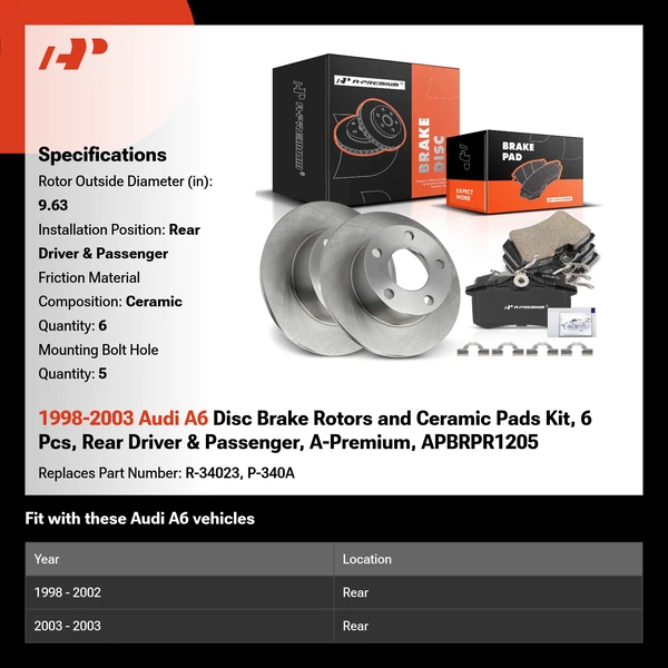 1998-2003 Audi A6 Disc Brake Rotors and Ceramic Pads Kit, 6 Pcs, Rear Driver & Passenger, A-Premium, APBRPR1205