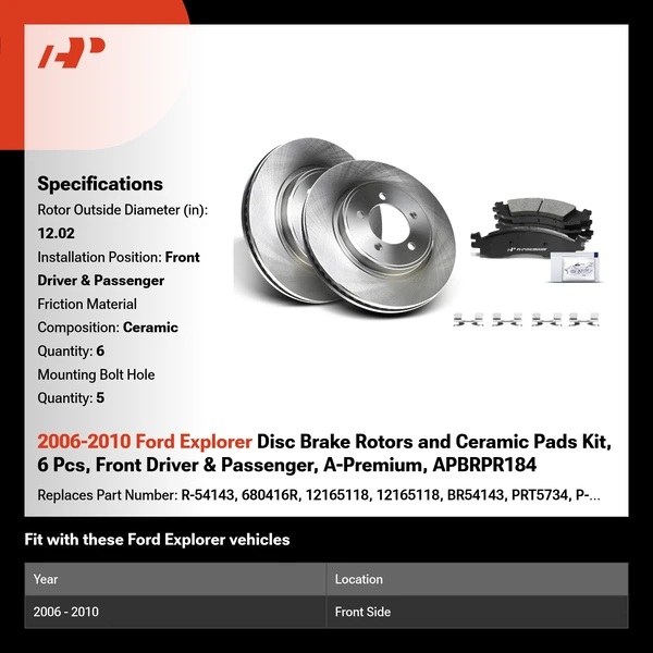 2006-2010 Ford Explorer Disc Brake Rotors and Ceramic Pads Kit, 6 Pcs, Front Driver & Passenger, A-Premium, APBRPR184
