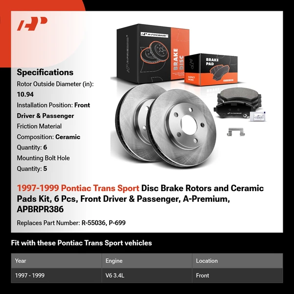1997-1999 Pontiac Trans Sport Disc Brake Rotors and Ceramic Pads Kit, 6 Pcs, Front Driver & Passenger, A-Premium, APBRPR386