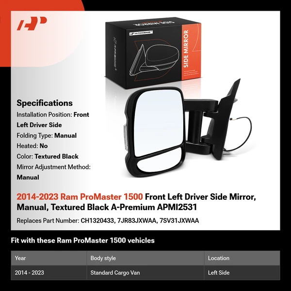 2014-2023 Ram ProMaster 1500 Front Left Driver Side Mirror, Manual, Textured Black A-Premium APMI2531