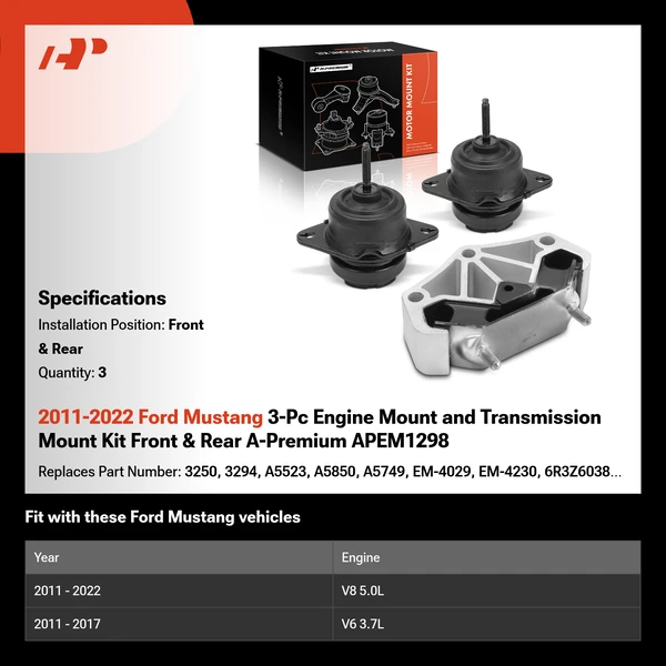 2011-2022 Ford Mustang 3-Pc Engine Mount and Transmission Mount Kit Front & Rear A-Premium APEM1298