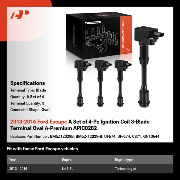 2013-2016 Ford Escape A Set of 4-Pc Ignition Coil 3-Blade Terminal Oval A-Premium APIC0282