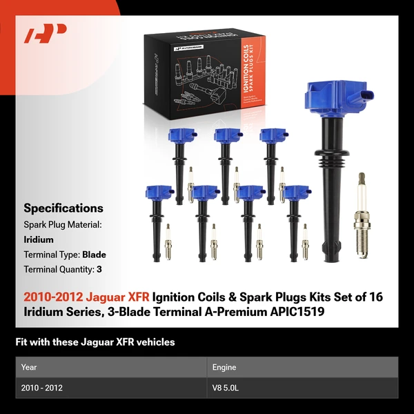 2010-2012 Jaguar XFR Ignition Coils & Spark Plugs Kits Set of 16 Iridium Series, 3-Blade Terminal A-Premium APIC1519
