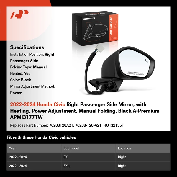 2022-2024 Honda Civic Right Passenger Side Mirror, with Heating, Power Adjustment, Manual Folding, Black A-Premium APMI3177TW