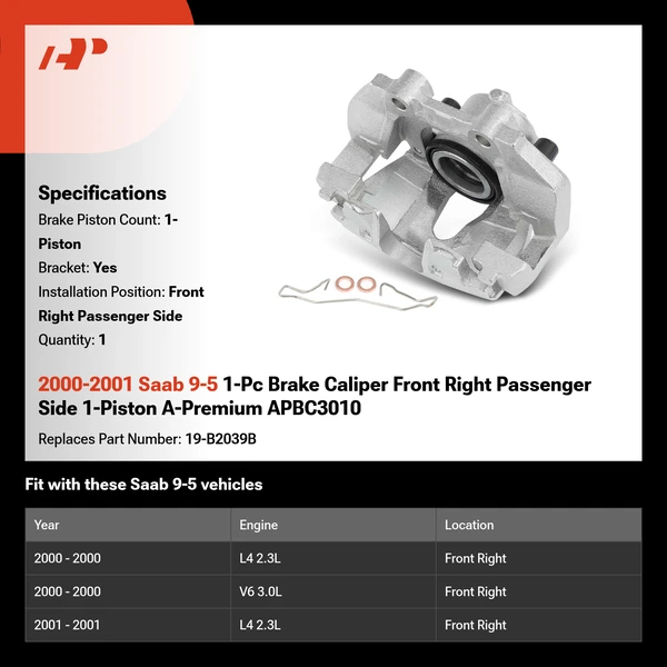 2000-2001 Saab 9-5 1-Pc Brake Caliper Front Right Passenger Side 1-Piston A-Premium APBC3010