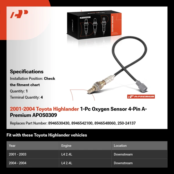 2001-2004 Toyota Highlander 1-Pc Oxygen Sensor 4-Pin A-Premium APOS0309
