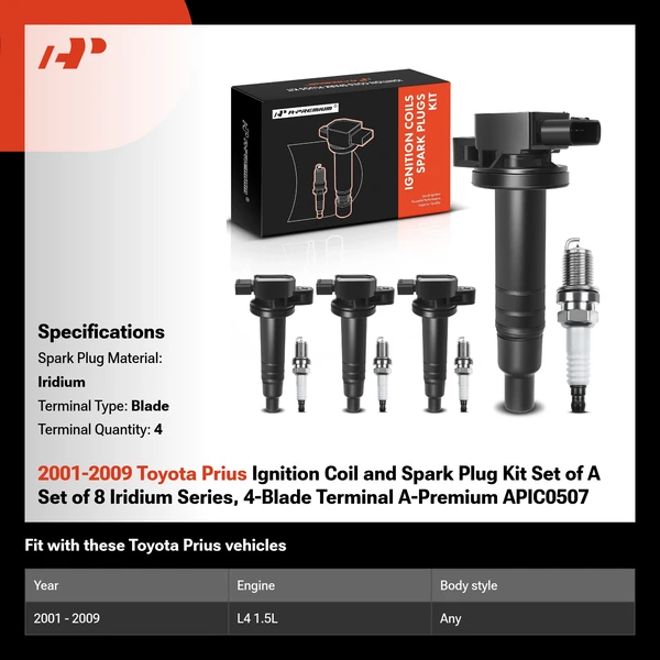 2001-2009 Toyota Prius Ignition Coil and Spark Plug Kit Set of A Set of 8 Iridium Series, 4-Blade Terminal A-Premium APIC0507