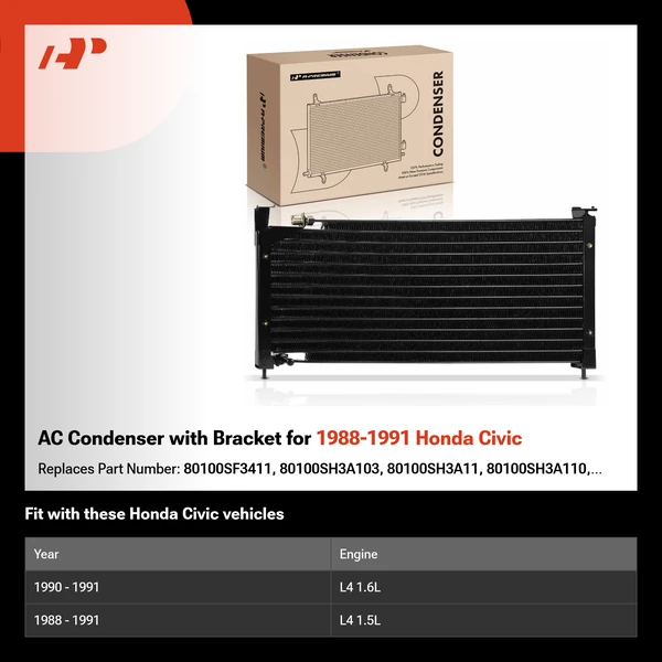 AC Condenser with Bracket for 1988-1991 Honda Civic
