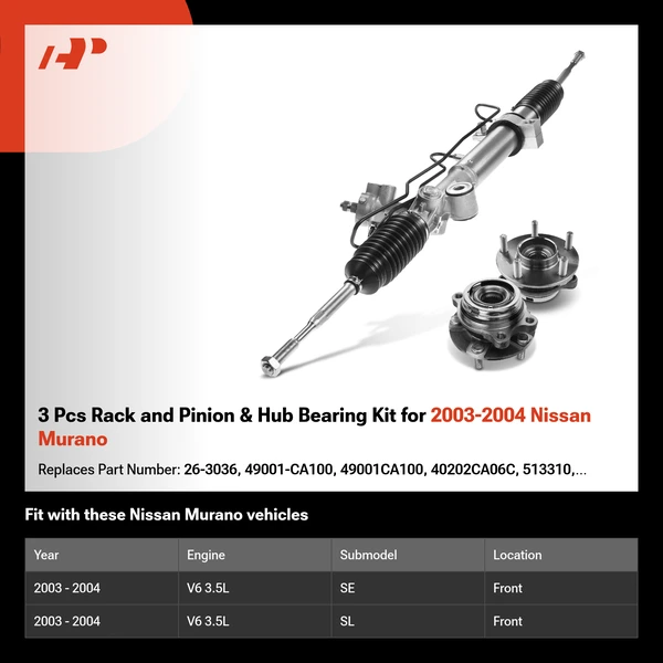 3 Pcs Rack and Pinion & Hub Bearing Kit for 2003-2004 Nissan Murano