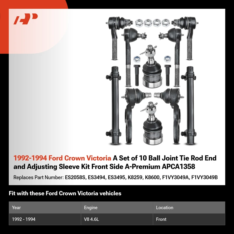 1992-1994 Ford Crown Victoria A Set of 10 Ball Joint Tie Rod End and Adjusting Sleeve Kit Front Side A-Premium APCA1358