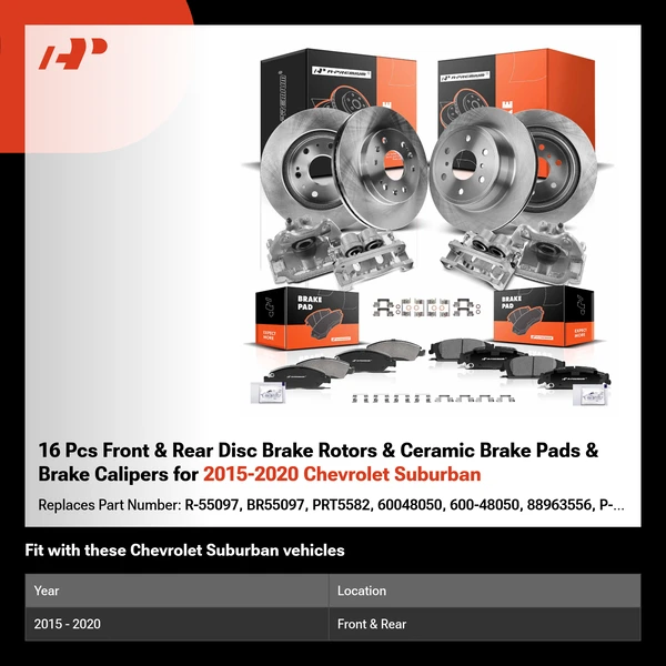 16 Pcs Front & Rear Disc Brake Rotors & Ceramic Brake Pads & Brake Calipers for 2015-2020 Chevrolet Suburban